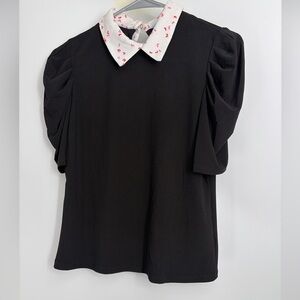 CeCe Black puff sleeve Top with Pink Floral Collar Sz XS
